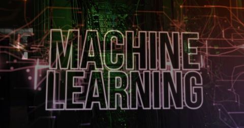 Glowing machine learning text over circuit board with neon dataflow and network traces