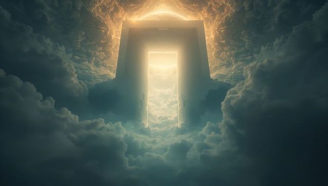 Monolithic gateway rising through cloud sea with golden halo and ethereal light