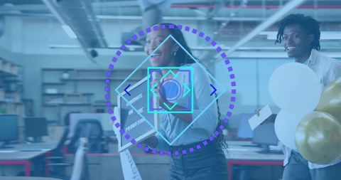 Professionals celebrating office milestone carrying monitor and balloons with neon HUD overlay