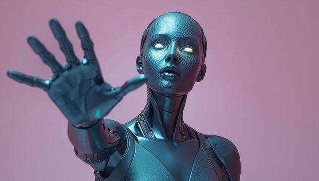 Teal futuristic female android reaching forward with glowing eyes and outstretched hand