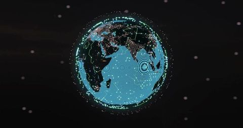 Neon data globe over indian ocean with city lights, network grid, rippling wave signals