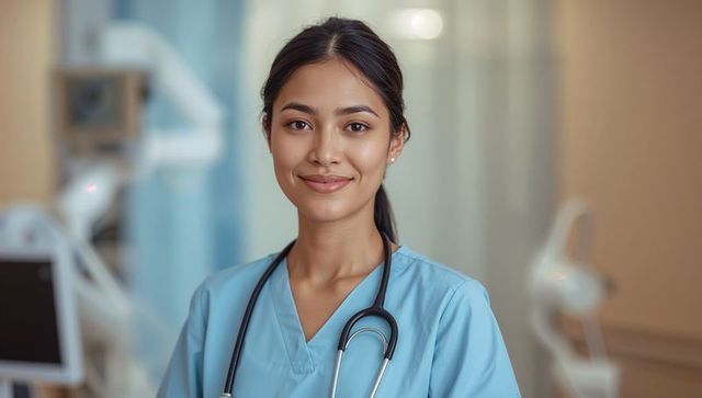 Smiling young nurse wearing blue scrubs and stethoscope standing in modern clinic room