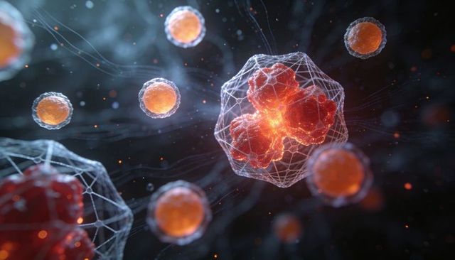 Glowing nanocluster floating inside geometric wireframe cage surrounded by orange spheres