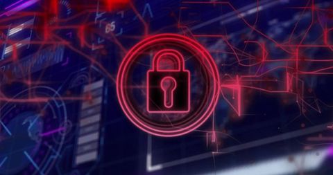 Futuristic Neon Cybersecurity Padlock on Digital Interface