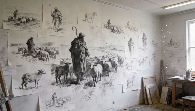 Charcoal shepherd and flock sketches spanning studio wall, monochrome rustic workspace