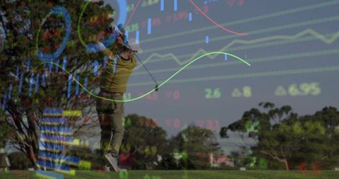 Golfer's Swing Integrated with Rising Financial Data Graphics