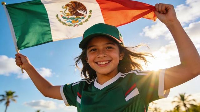 Smiling young fan waving mexican flag wearing green jersey and cap at sunset