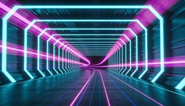 Glowing Neon Tunnel Leading Toward Vanishing Point with Cyan and Magenta Light Trails