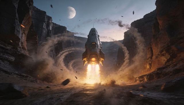 Rocket Launching From Narrow Canyon Under Moonlit Twilight With Swirling Dust and Debris