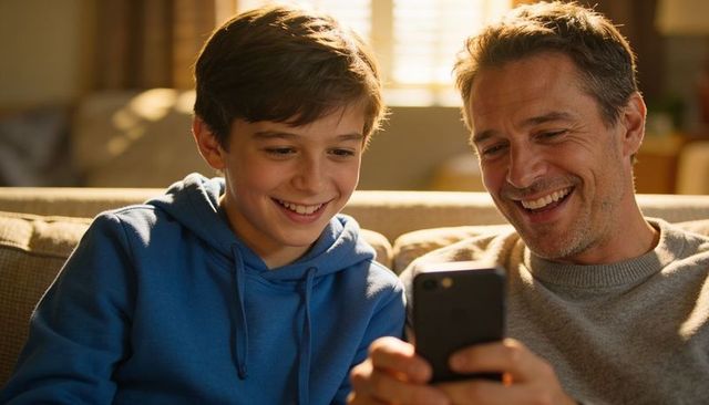 Smiling father and son bonding over smartphone on cozy living room sofa during family downtime