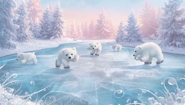 Playful polar bear cubs skating on frozen pond in pastel winter forest sunrise