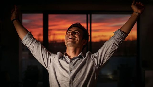 Young professional celebrating success at sunset office window, raising arms in triumph