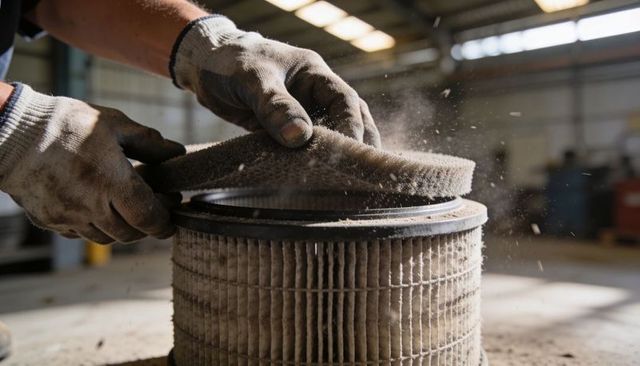 Technician removing dusty foam prefilter from pleated air filter in industrial workshop