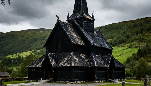 Weathered Norwegian Stave Church Looming Over Green Valley With Carved Dragon Finials