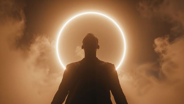 Standing silhouette of man with luminous halo ring and dramatic sepia cloudscape