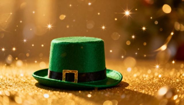 Green Leprechaun Top Hat on Gold Glitter Surface with Sparkling Star Bokeh