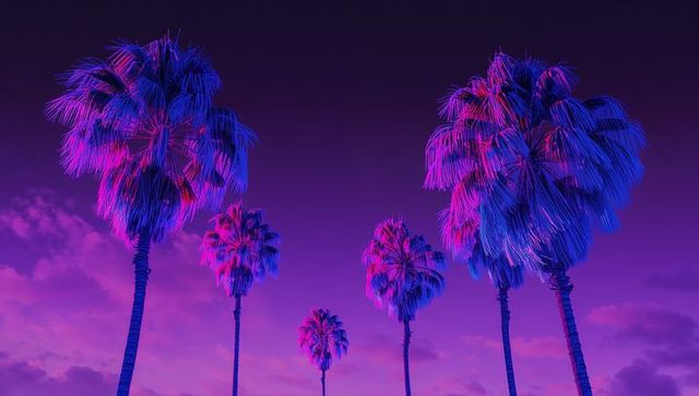 Vibrant Palm Trees Against Magenta Dusk Sky Fusion