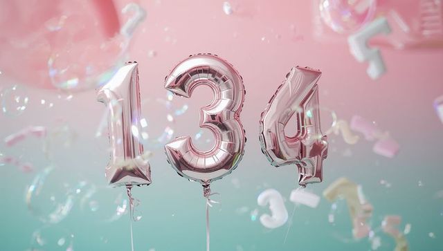 Floating rose gold number balloons 1 3 4 with pastel gradient confetti and shimmering bubbles
