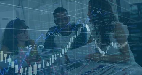 Diverse team analyzing financial charts and candlestick data on laptop for strategy