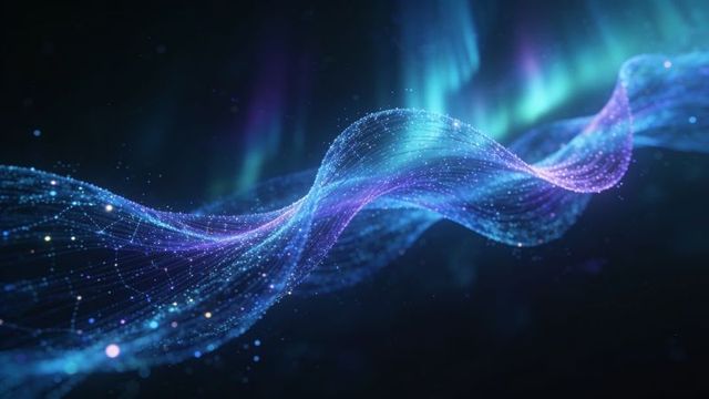 Luminous particle ribbon flowing across deep space with aurora light streams and mesh