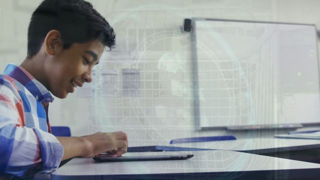 This video is ideal for illustrating modern education and technological advancement in classrooms. It features a biracial male student engaged with a tablet, with a digital interface overlay depicting data processing. Perfect for educational articles, tech reviews, e-learning advertisements, and academic publications.