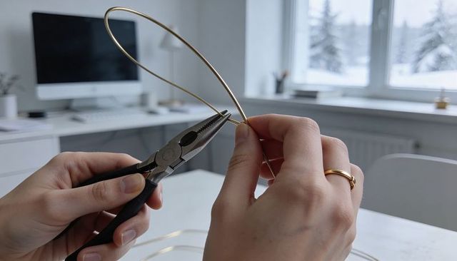 Hands shaping gold wire with pliers for handmade jewelry crafting in bright home workspace