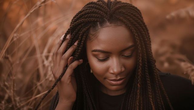 Serene african american woman touching long braids in golden hour tall grass warm portrait