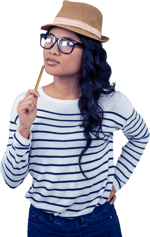 Confident Asian Woman in Hat Holding Pencil While Thinking