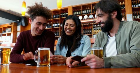 Happy Friends Meeting in Bar Enjoying Drinks Together