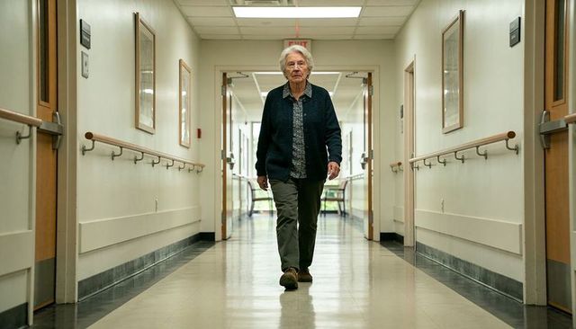 Senior woman walking confidently down care facility corridor with handrails