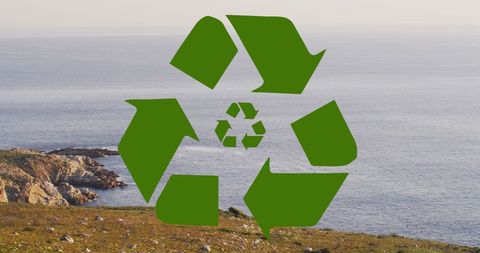 Recycling Symbol Overlay on Coastal Landscape Promotes Ecology Awareness