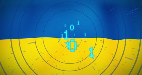 Binary Code Over Ukrainian Flag Illustrating Technological Influence