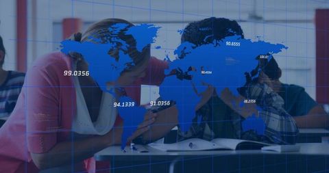 Mature teacher mentoring student in classroom with digital world map and data overlay