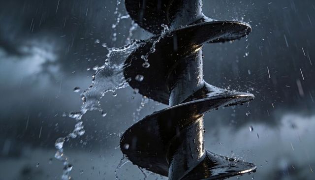 Dripping auger helix catching rain droplets, reflecting moody storm sky, wet metal