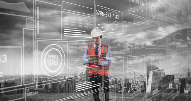 Engineer wearing hard hat and safety vest engaged in project management tasks with digital overlay displaying data and annotations over city skyline background. Perfect for themes of smart city development, urban planning, advanced technology applications in construction, infrastructure updates, and futuristic engineering.
