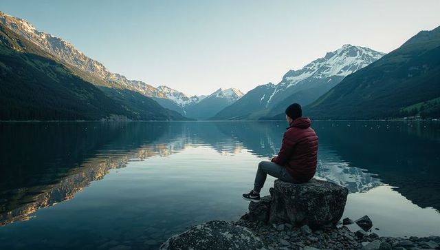 Man sitting on boulder gazing across alpine lake mirroring snow-capped peaks at dusk