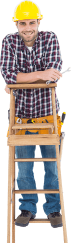 Transparent smiling construction worker on ladder with tools