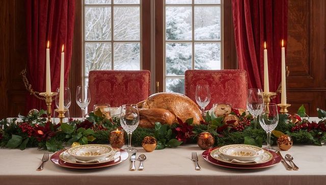 Luxurious holiday table with roast turkey and garland decoration