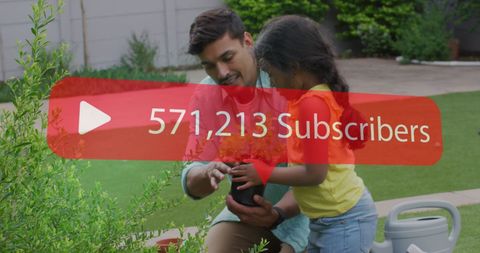 Father and Daughter Gardening with Social Media Notification Graphic