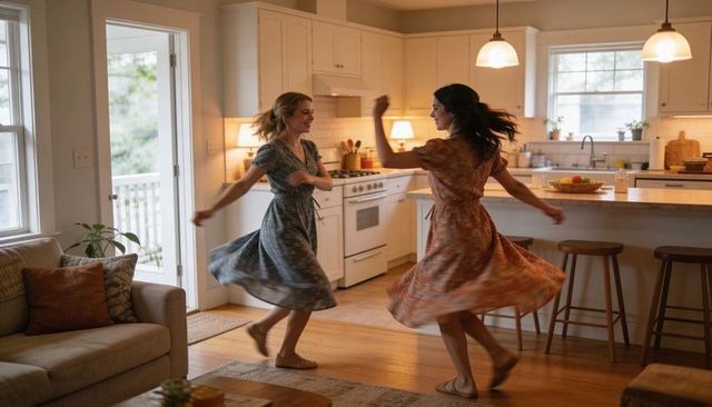 Two women dancing and spinning in cozy open-plan kitchen wearing patterned dresses