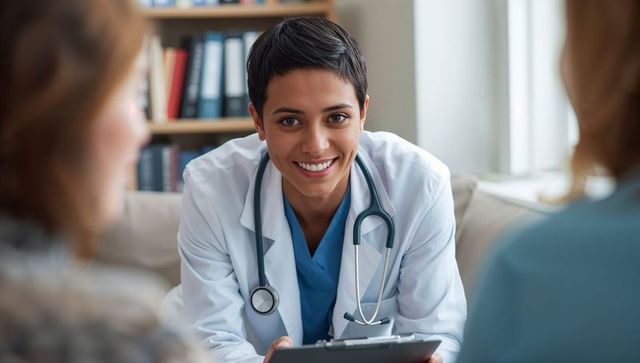 Smiling female doctor conducting patient consultation with stethoscope and clipboard