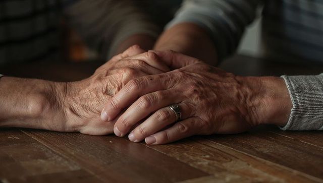 Elderly hands clasping on worn wooden table conveying companionship and gentle support