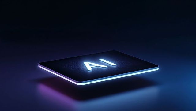 Hovering sleek tablet glowing AI lettering with neon edge lights and futuristic halo