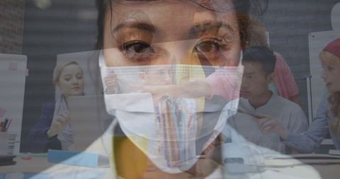 Healthcare Worker in Face Mask with Business Meeting Overlay