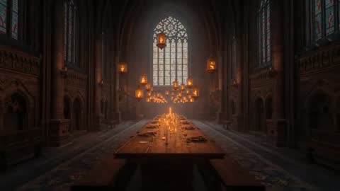 Atmospheric Gothic Hall with Candlelit Table