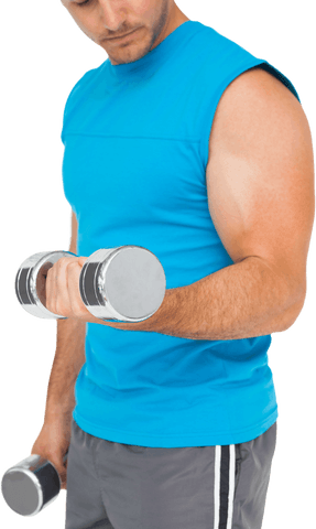 Fit male performing transparent dumbbell curls