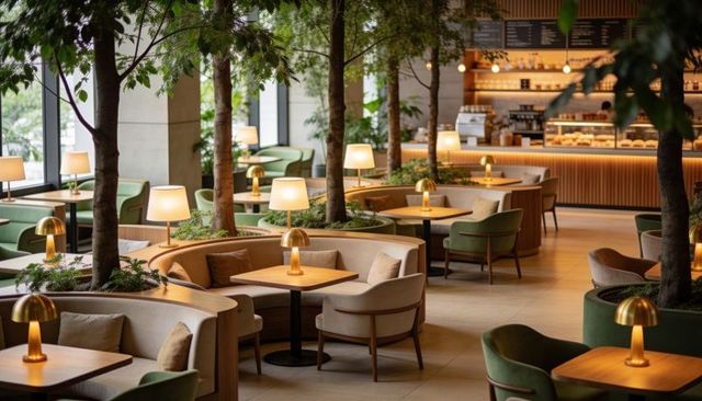 Warm modern cafe lounge with curved banquette booths, brass lamps and indoor trees
