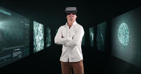 Businessman Immersed in VR World with Medical Data Visualizations