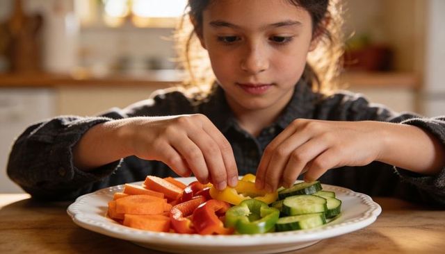 Sunlit girl arranging colorful vegetable platter with sliced cucumber carrot and peppers