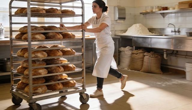 Female Baker Pushing Rack of Artisan Sourdough Loaves Through Sunlit Commercial Bakery